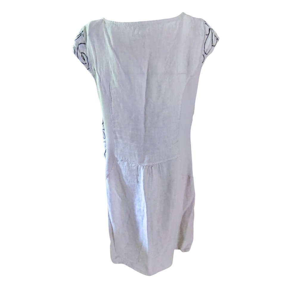 Made in Italy Linen Embroidered Swirl Shift Dress with Pockets Navy Beige L - Picture 4 of 10